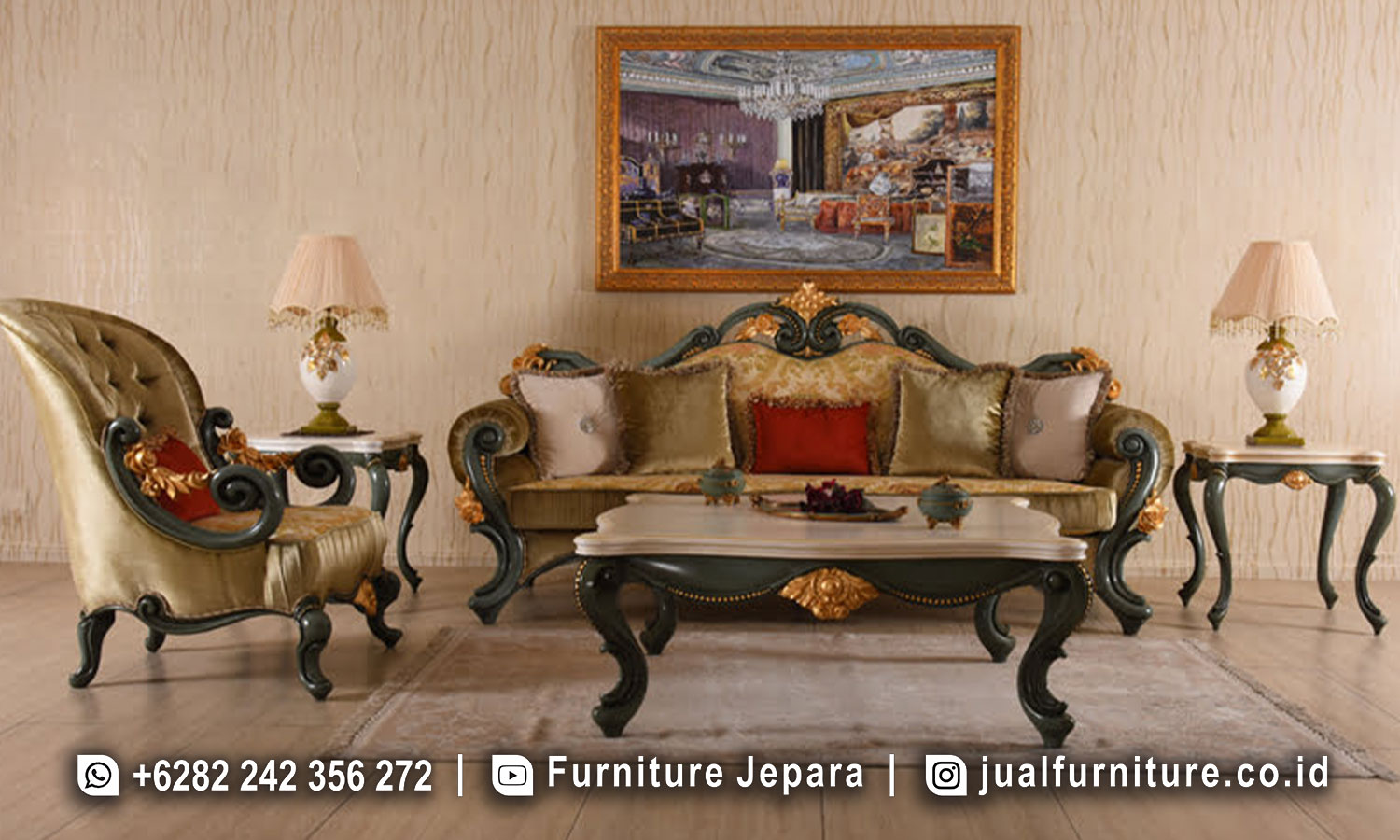 Harga Sofa Mewah Klasik Modern Terbaru mempersembahkan kombinasi yang mengagumkan antara keanggunan klasik dan sentuhan modern yang segar. Dibuat dengan teliti dari kayu mahoni berkualitas tinggi, sofa ini menjadi titik fokus yang mempesona dalam ruang tamu Anda. Finishing Top Coat melindungi dan menambah keindahan alami kayu, menciptakan kesan yang tahan lama dan mewah.