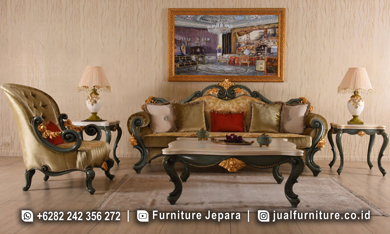 Harga Sofa Mewah Klasik Modern Terbaru mempersembahkan kombinasi yang mengagumkan antara keanggunan klasik dan sentuhan modern yang segar. Dibuat dengan teliti dari kayu mahoni berkualitas tinggi, sofa ini menjadi titik fokus yang mempesona dalam ruang tamu Anda. Finishing Top Coat melindungi dan menambah keindahan alami kayu, menciptakan kesan yang tahan lama dan mewah.