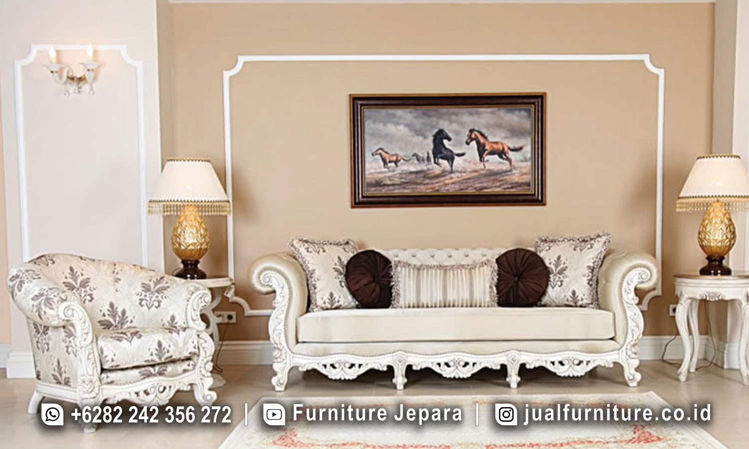 Model Kursi Sofa Chester Ukir Klasik Luxury adalah simbol dari keanggunan dan kemewahan dalam dunia furnitur. Terbuat dari kayu mahoni yang dipilih dengan teliti, setiap detail menggambarkan kualitas yang tak tertandingi. Finishing Putih memberikan sentuhan yang bersih dan elegan, sementara Kain Bluderu Motif menambahkan elemen dekoratif yang memukau. Dengan sentuhan Ukir Klasik yang khas, setiap kursi mencerminkan keindahan dan keanggunan yang luar biasa, sesuai dengan desain Chester yang ikonik.