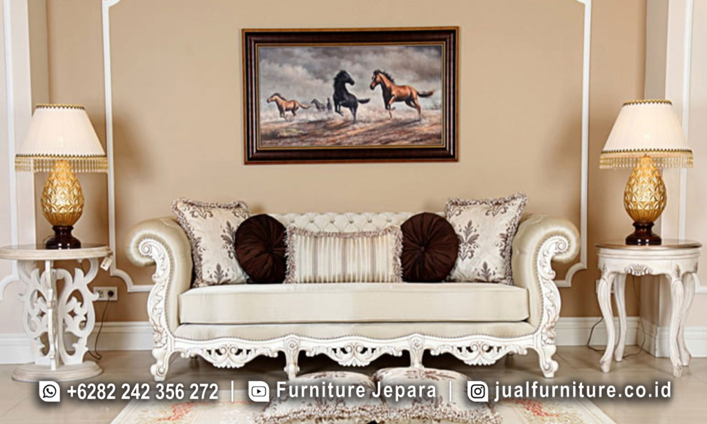 Model Kursi Sofa Chester Ukir Klasik Luxury adalah simbol dari keanggunan dan kemewahan dalam dunia furnitur. Terbuat dari kayu mahoni yang dipilih dengan teliti, setiap detail menggambarkan kualitas yang tak tertandingi. Finishing Putih memberikan sentuhan yang bersih dan elegan, sementara Kain Bluderu Motif menambahkan elemen dekoratif yang memukau. Dengan sentuhan Ukir Klasik yang khas, setiap kursi mencerminkan keindahan dan keanggunan yang luar biasa, sesuai dengan desain Chester yang ikonik.