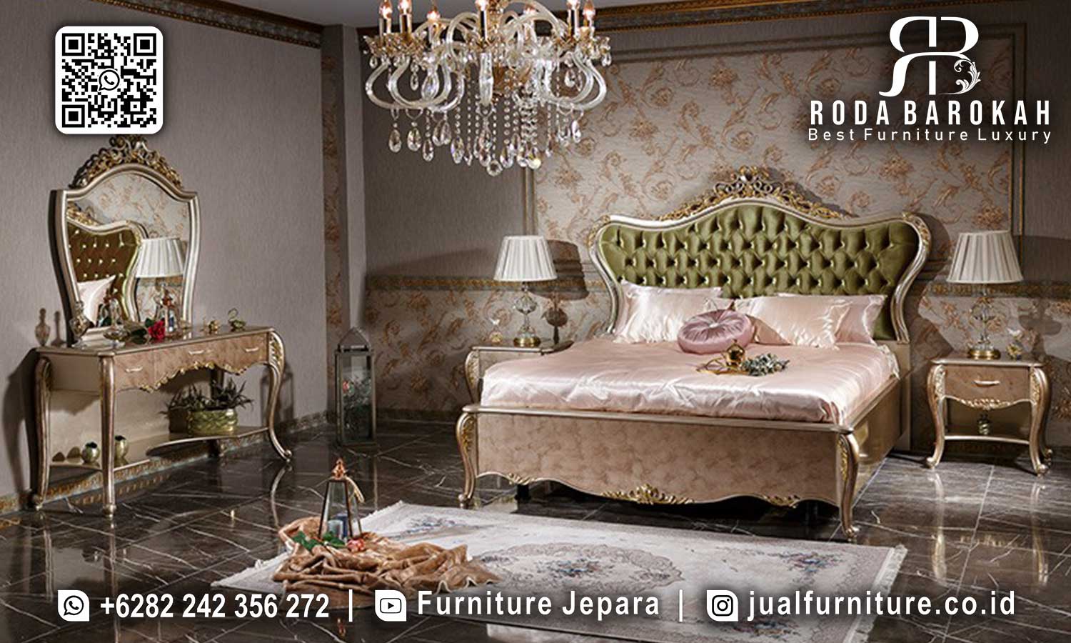 Dapatkan Kamar Set Mewah dengan kayu jati elegan dan finishing emas, sempurna untuk memberikan nuansa klasik modern di ruangan Anda.