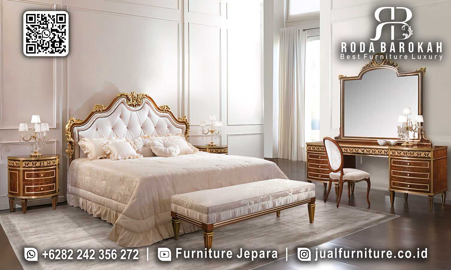 Tempat Tidur Mutiara Mewah dengan kayu jati dan finishing gold, lengkap dengan meja rias dan kursi untuk nuansa elegan di kamar Anda.