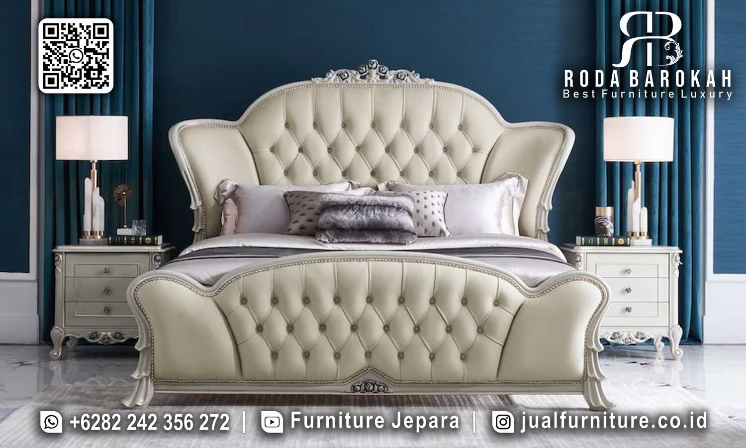 Dapatkan Tempat Tidur Mewah Modern Kayu Jati Krem STT-444, menghadirkan kenyamanan dan elegan untuk kamar tidur Anda.