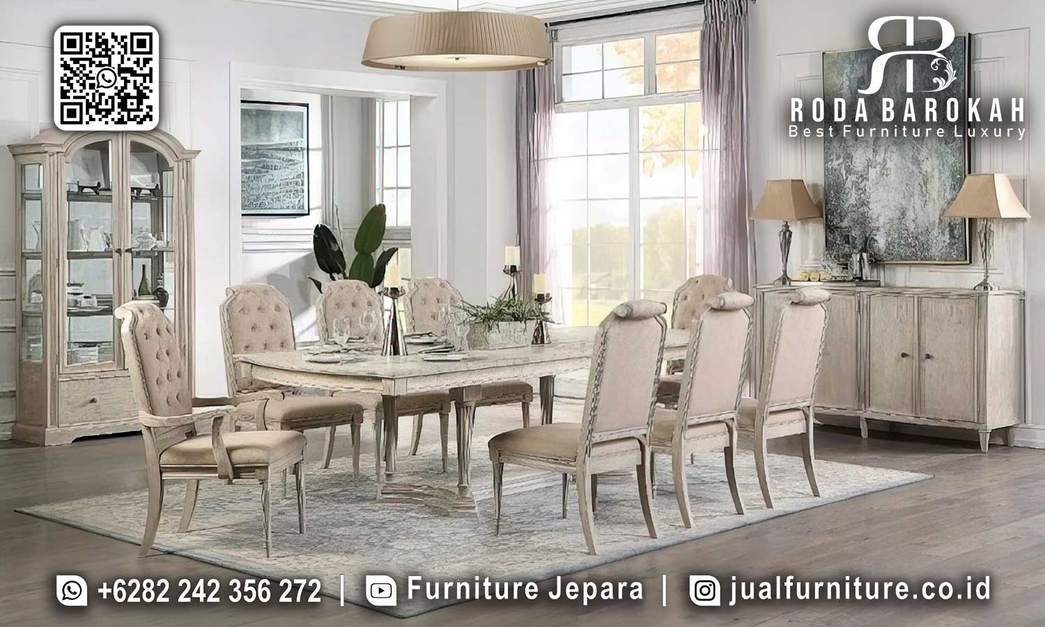 Dapatkan Meja Makan Provence Mewah, kayu jati dengan desain elegan. Sempurna untuk ruang makan modern Anda, pesan sekarang!