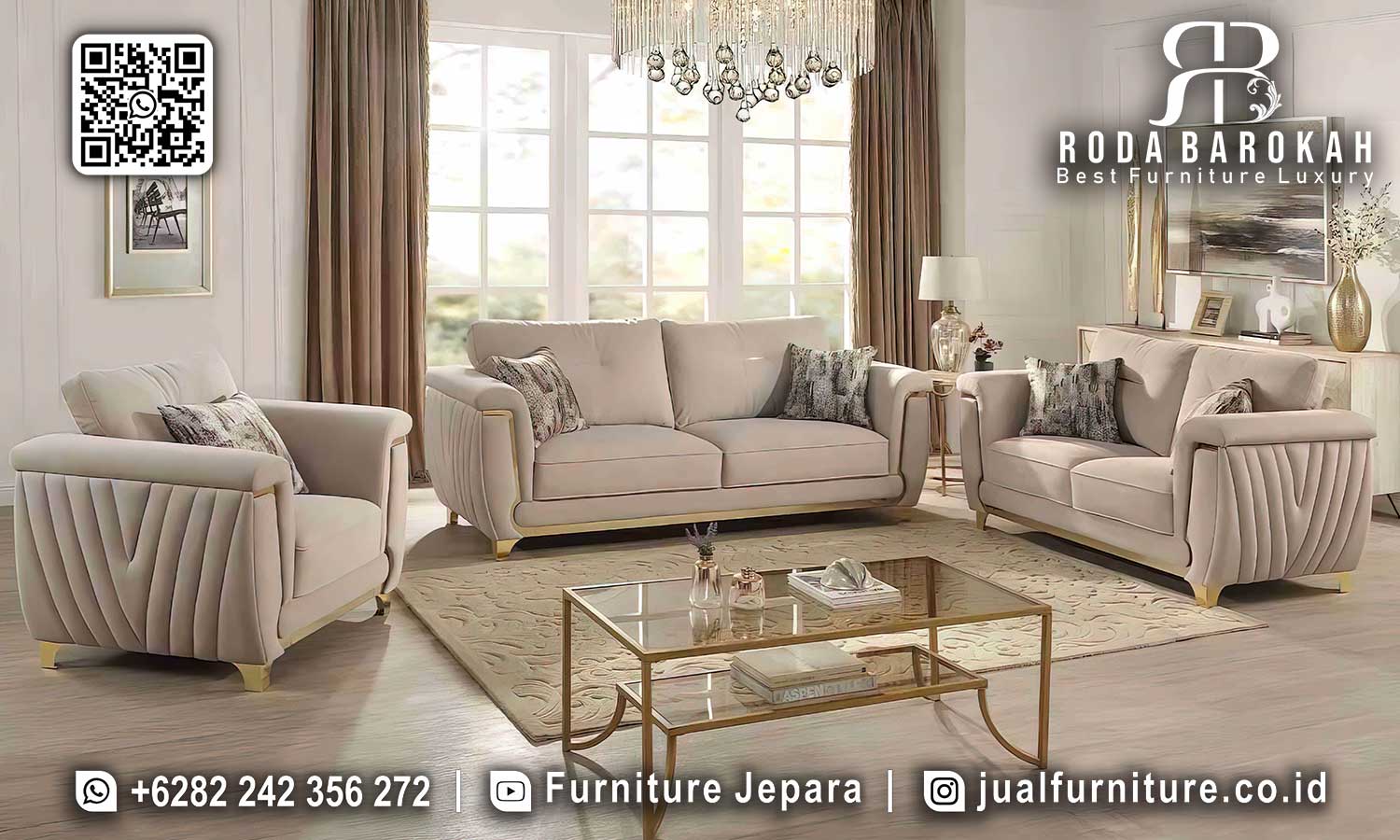 Nikmati kenyamanan Sofa Tamu Minimalis Aurea dari kayu jati, desain modern minimalis yang sempurna untuk kafe atau ruang tamu Anda.