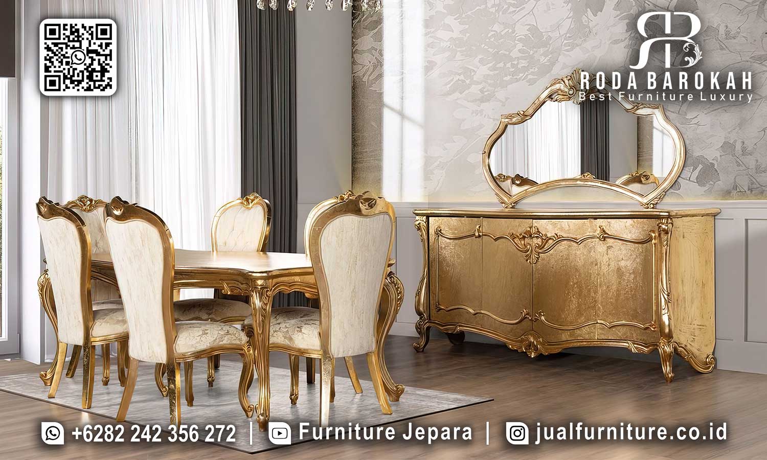 Nikmati suasana elegan dengan Golden Set Meja Makan Mewah kami dari kayu jati dan finishing emas. Pesan sekarang untuk keindahan rumah Anda!