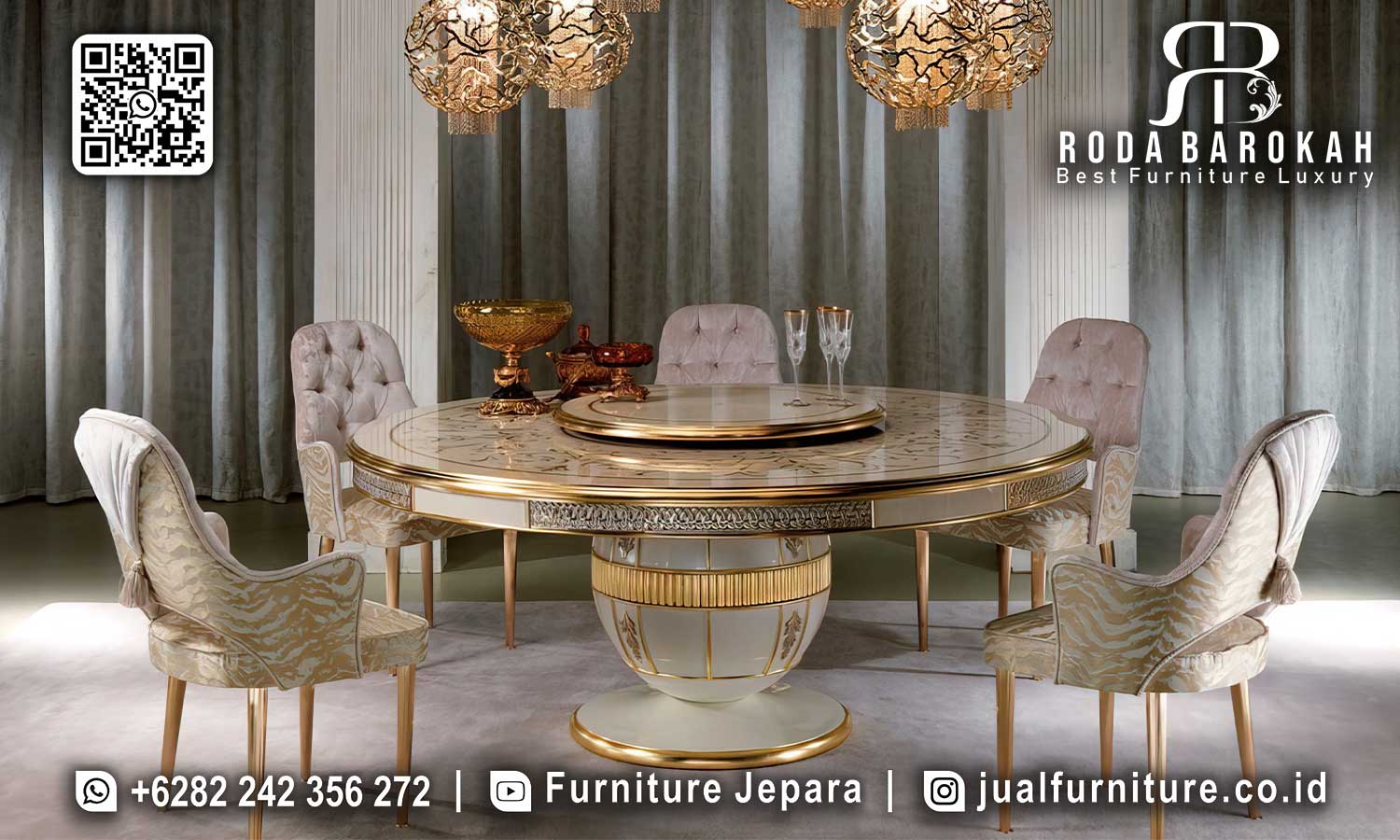 Dapatkan Meja Makan Putar Mewah dengan desain elegan dan kaki besi hollow, sempurna untuk ruang makan modern, pesan sekarang!