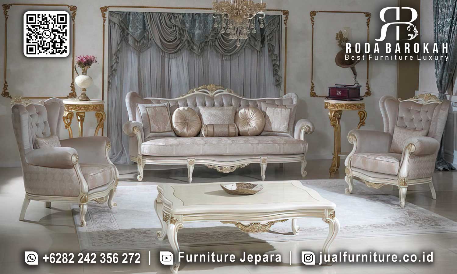 Ciptakan ruang tamu elegan dengan Set Sofa Mewah Bruges, kayu jati dan fabric velvet berkualitas. Pesan sekarang!