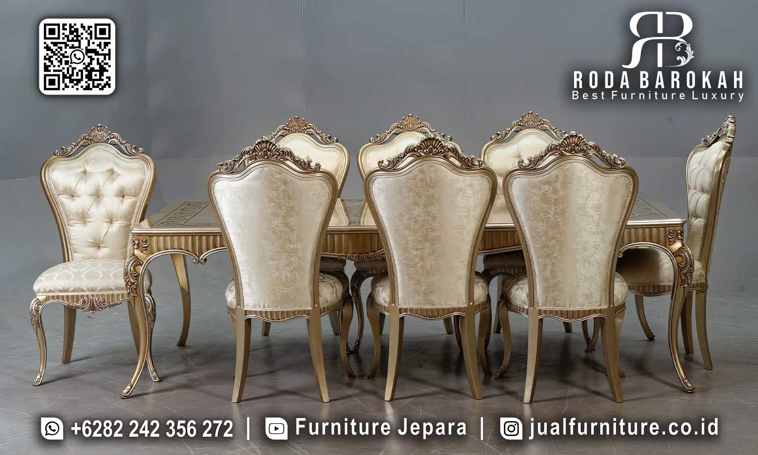 Ciptakan suasana elegan dengan Meja Makan Mewah Palazzo, kayu jati dan finishing gold doff. Pesan sekarang untuk rumah Anda!