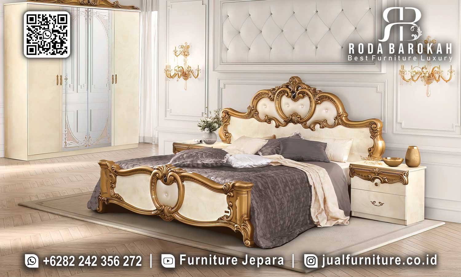 Ciptakan nuansa klasik mewah di kamar Anda dengan Tempat Tidur Mewah Cremora dari kayu jati berfinishing Gold Leaf. Dapatkan sekarang!