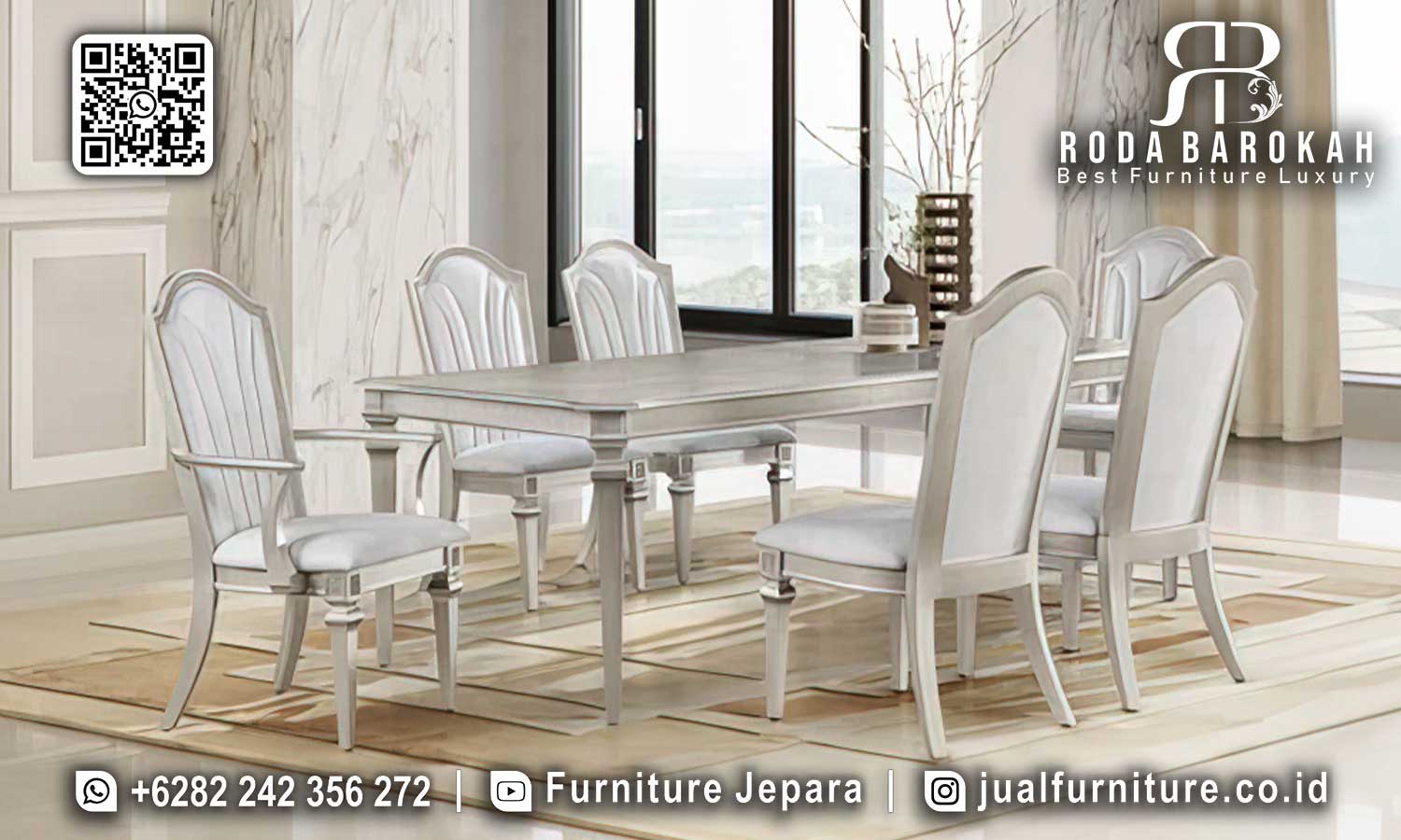 Ciptakan suasana elegan dengan Meja Makan Mewah Mantova dari kayu jati. Dapatkan sekarang untuk renovasi ruang makan Anda!