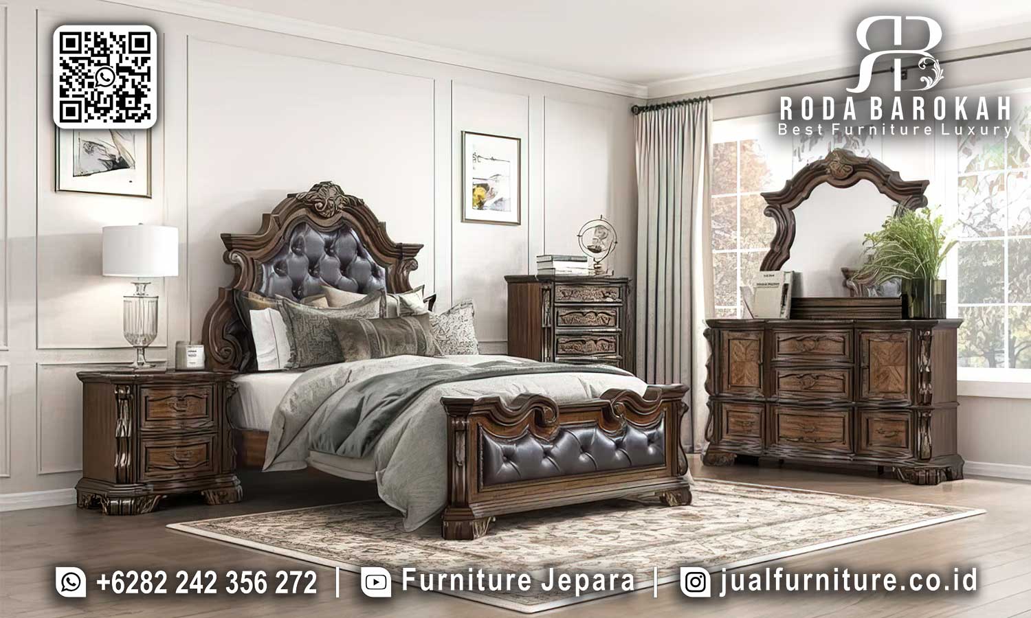 Temukan kenyamanan dengan tempat tidur jati Jepara bergaya klasik modern, lengkap dengan ukiran kayu dan kain bludru. Dapatkan sekarang!
