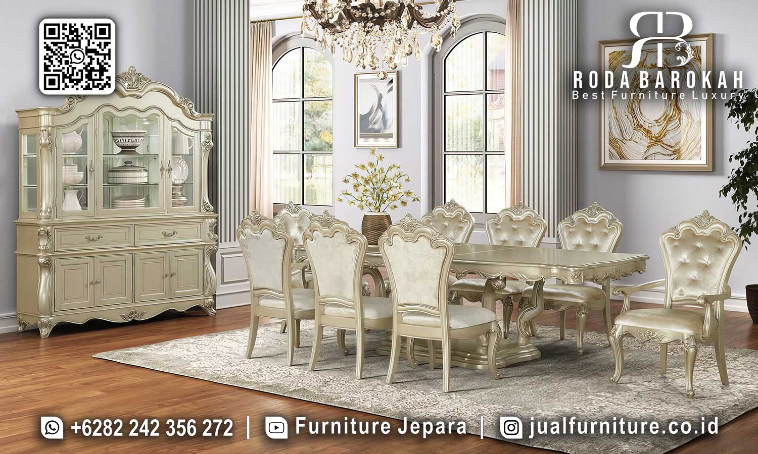 Jual Meja Makan Jepara Mewah Bergamo Ukiran Detail SMM-648