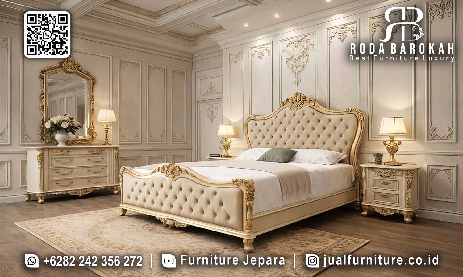 Dapatkan Tempat Tidur Mewah Bruges dengan rangka kayu jati, ukiran emas, dan desain klasik yang elegan. Ciptakan suasana mewah di kamar tidur Anda!