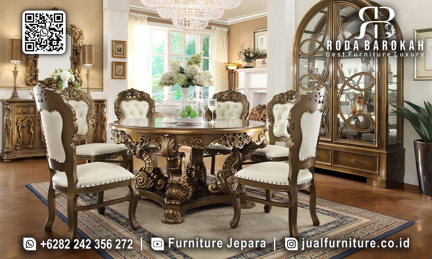 Meja Makan Bundar Mewah Palazzo Rangka Kokoh SMM-643
