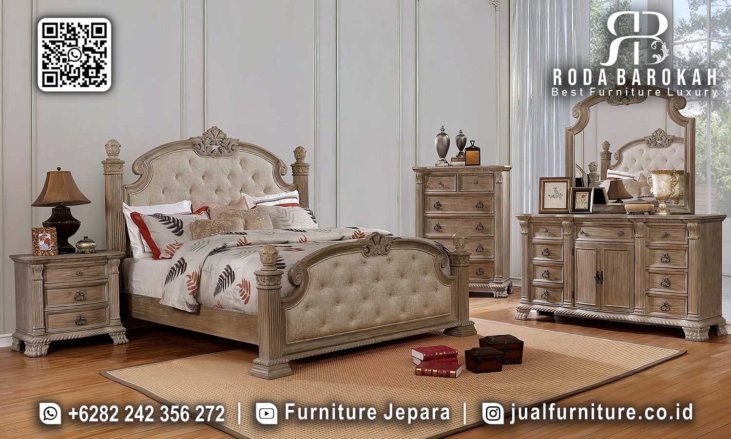 Ciptakan nuansa elegan di kamar Anda dengan Model Kamar Tidur Jepara Mewah Santorini dari kayu jati, fitur ukiran artistik yang memukau.