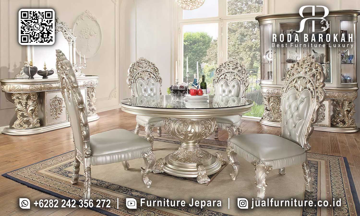 Ciptakan nuansa elegan dengan Meja Makan Bundar Monaco, dilengkapi kaca tempered dan ukiran ornamental. Segera miliki sekarang!