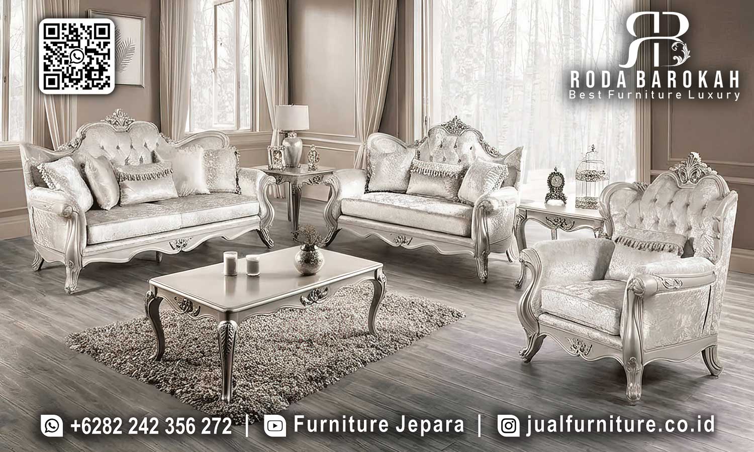 Dapatkan Sofa Mewah Ruang Tamu Portofino dengan rangka kayu jati dan pilar ukiran elegan. Segera hiasi ruang tamu Anda!