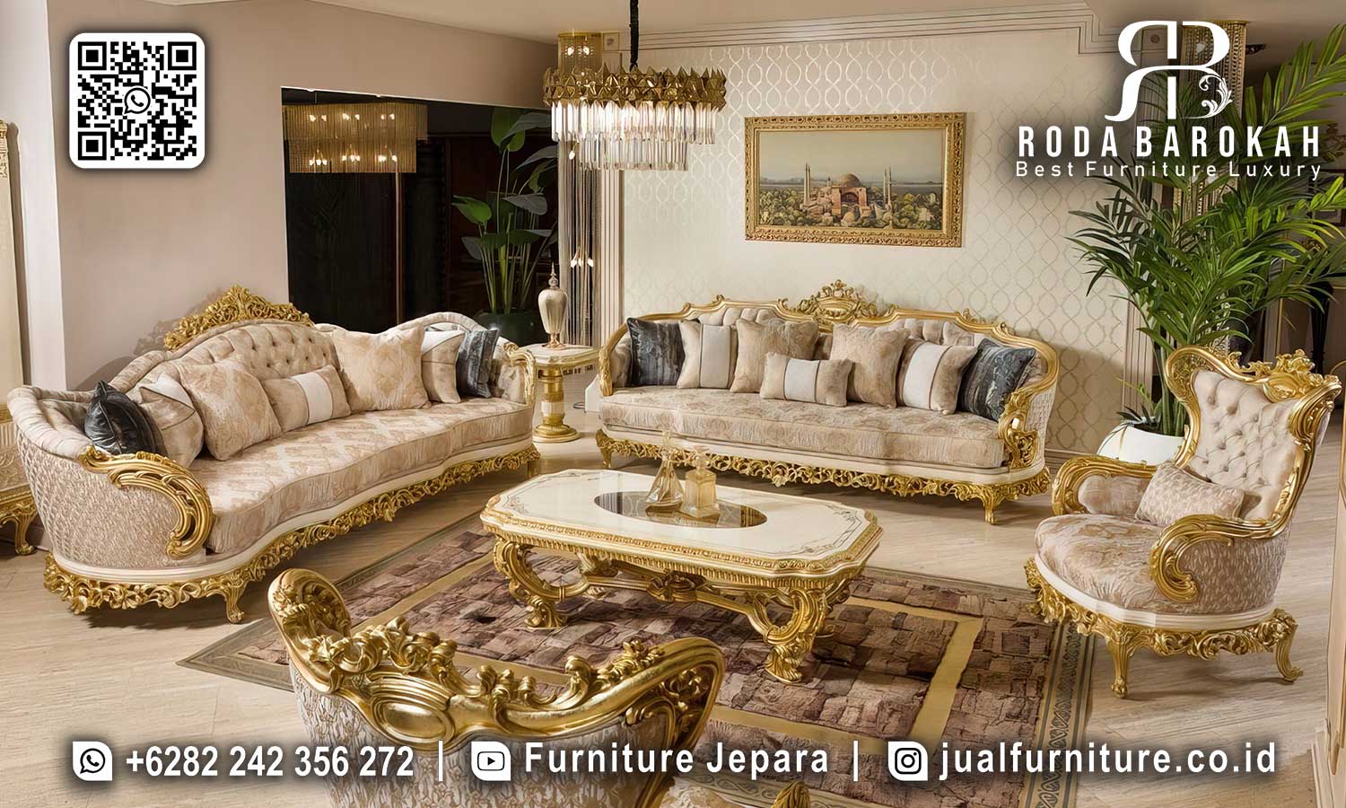 Sofa Tamu Mewah Cordoba Jepara, rangka kayu jati, finishing doff gold. Bawa nuansa klasik elegan ke ruang tamu Anda, pesan sekarang!