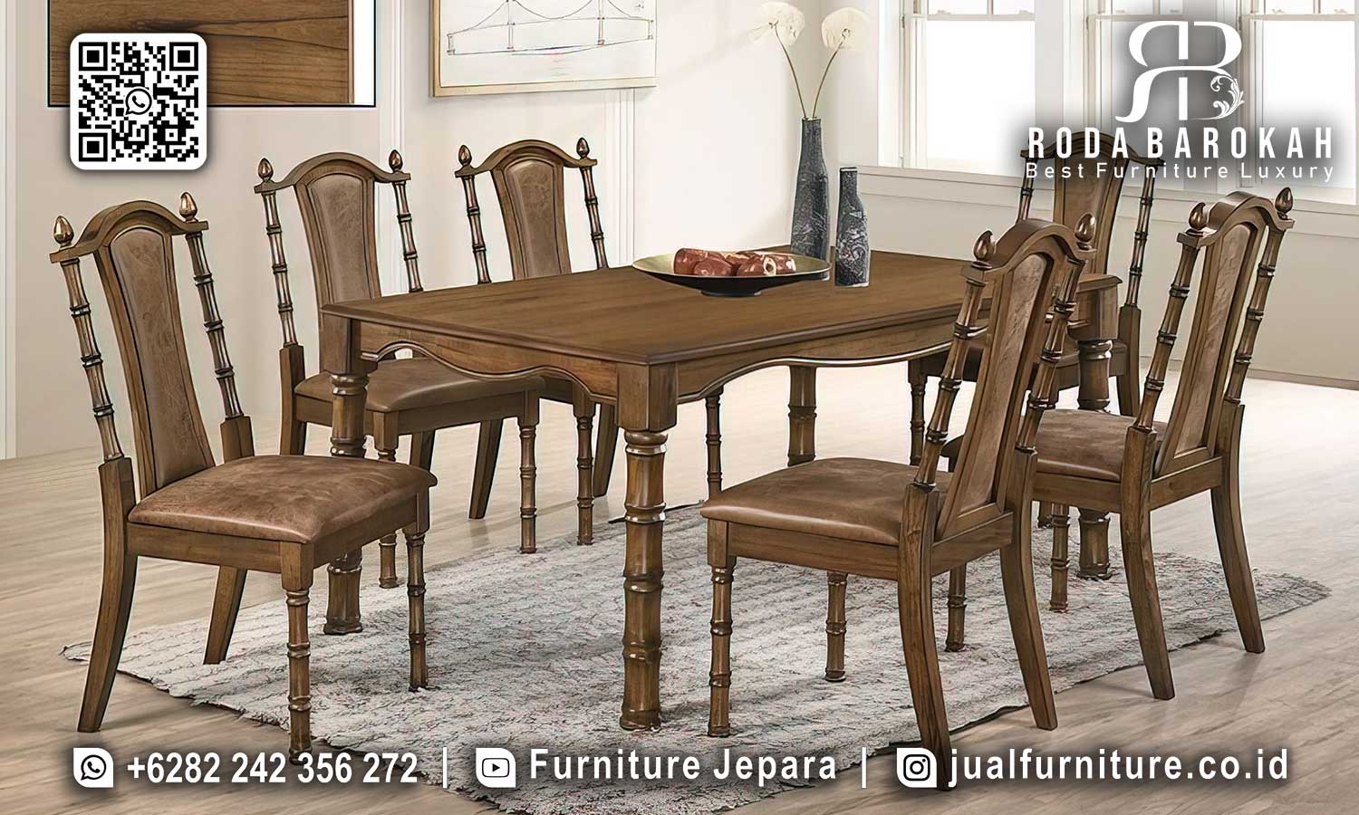 Meja Makan Jati Natural Lucca Motif Antik SMM-715