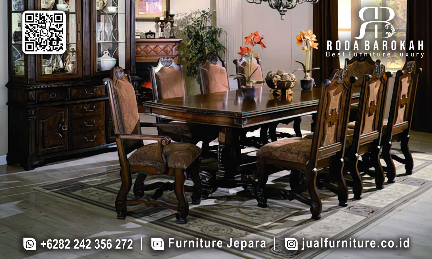 Meja Makan Jati Terbaru Mewah Sovrano Detail Ornamen SMM-697
