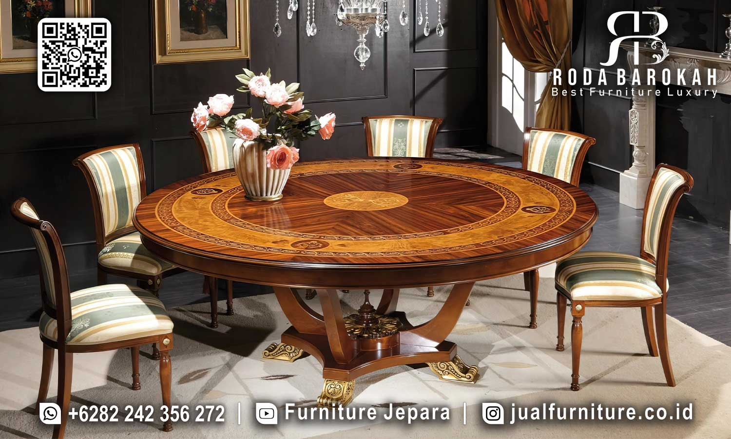 Set Meja Makan Jati Bundar Mewah Tuscany Pengrajin Jepara SMM-674