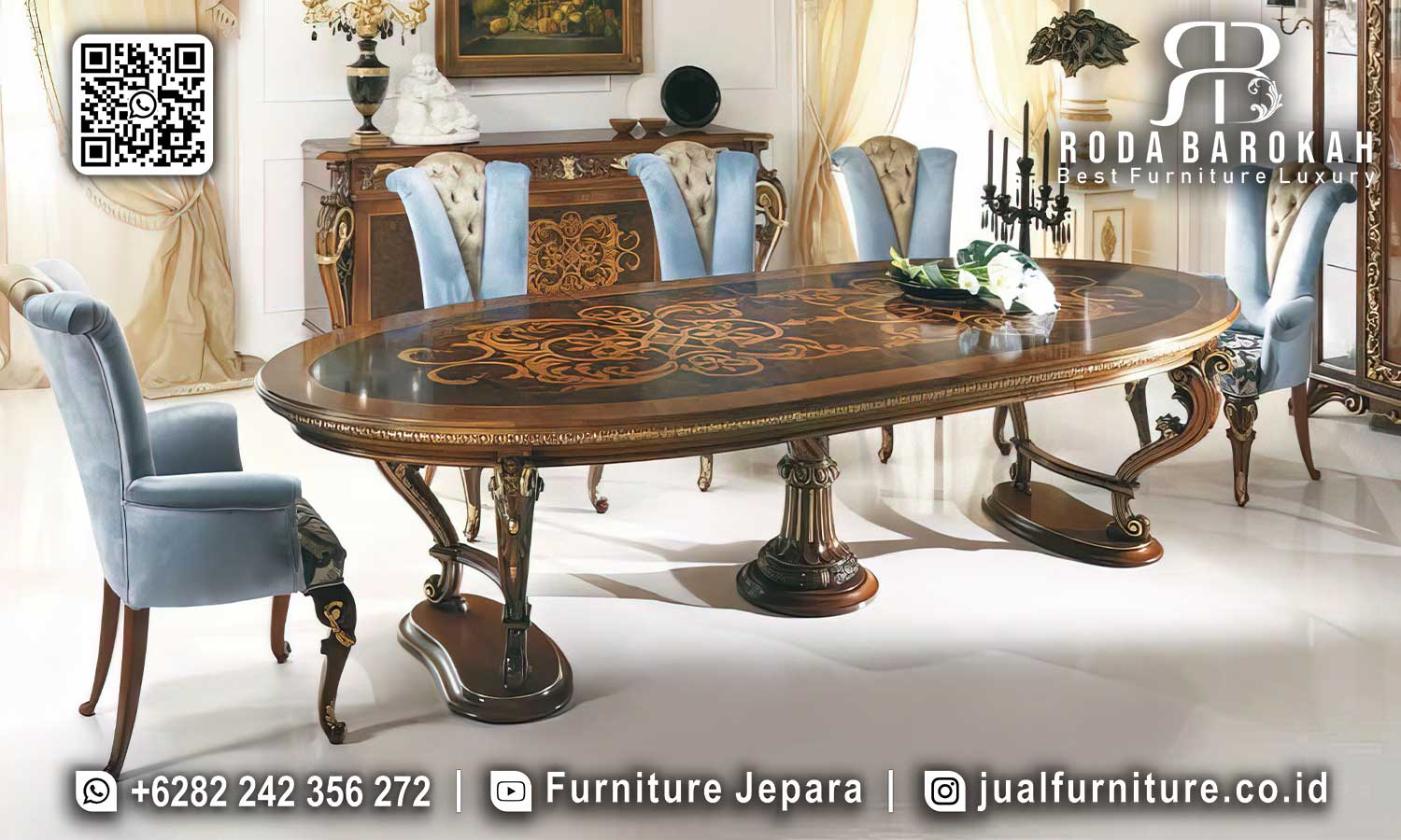 Set Meja Makan Jati Mewah Grandeur Bahan Pilihan SMM-668