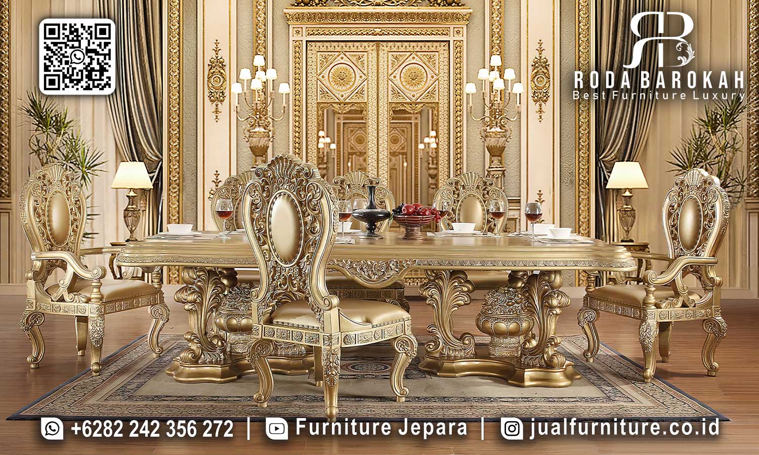 Set Meja Makan Mewah Gold Victoria Desain Berdetail SMM-706
