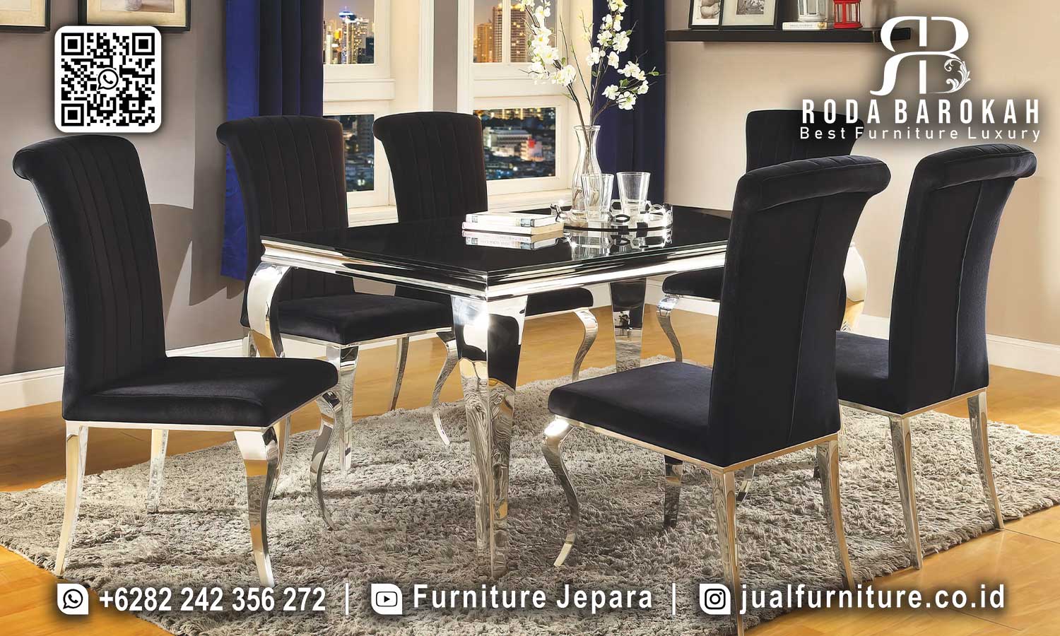 Set Ruang Makan Stainless Mewah Ferrara Ukiran Halus SMM-694