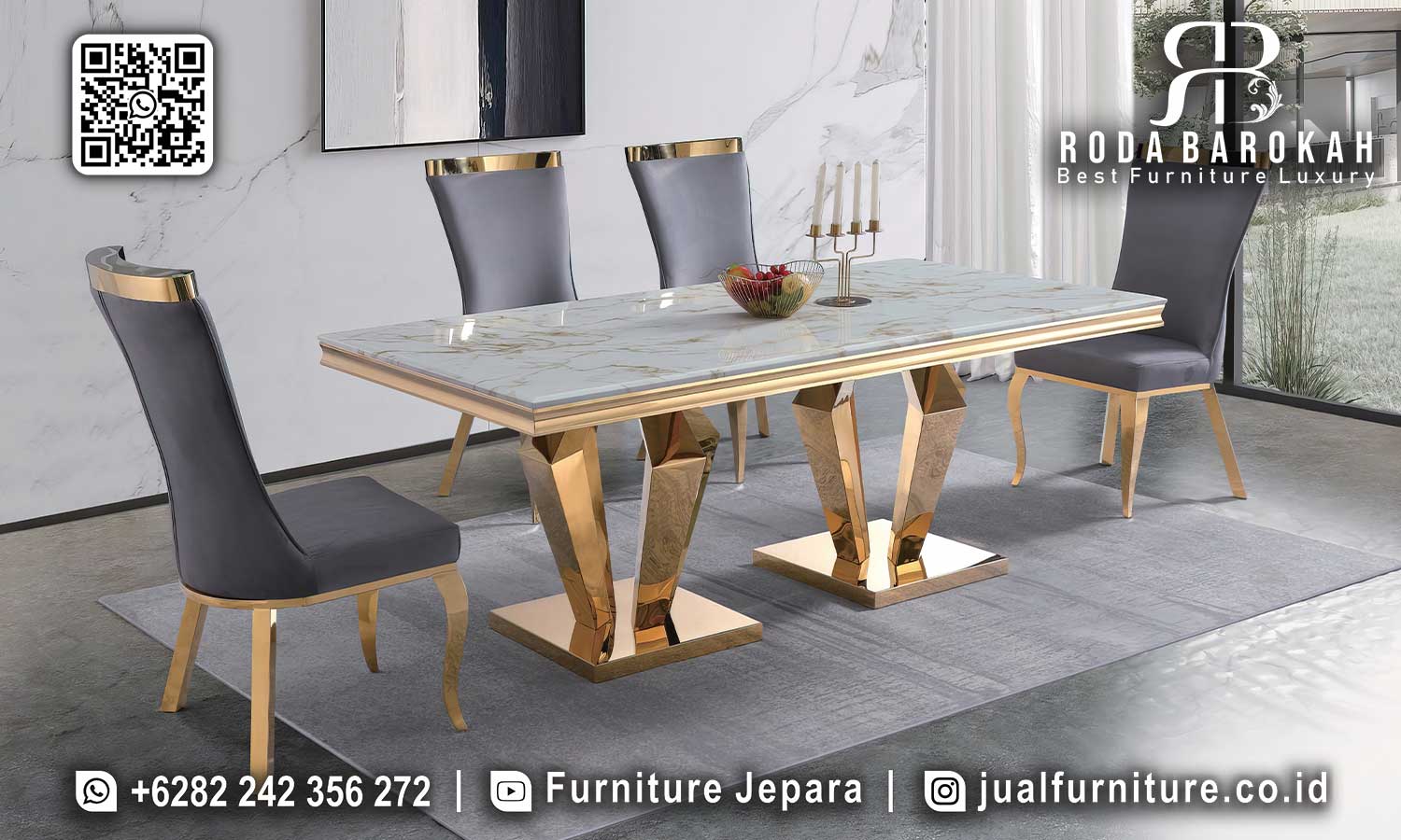 Meja Makan Stainless Modern Classico, elegan dengan rangka besi hollow dan kaki metal, sempurna untuk ruang makan minimalis Anda.