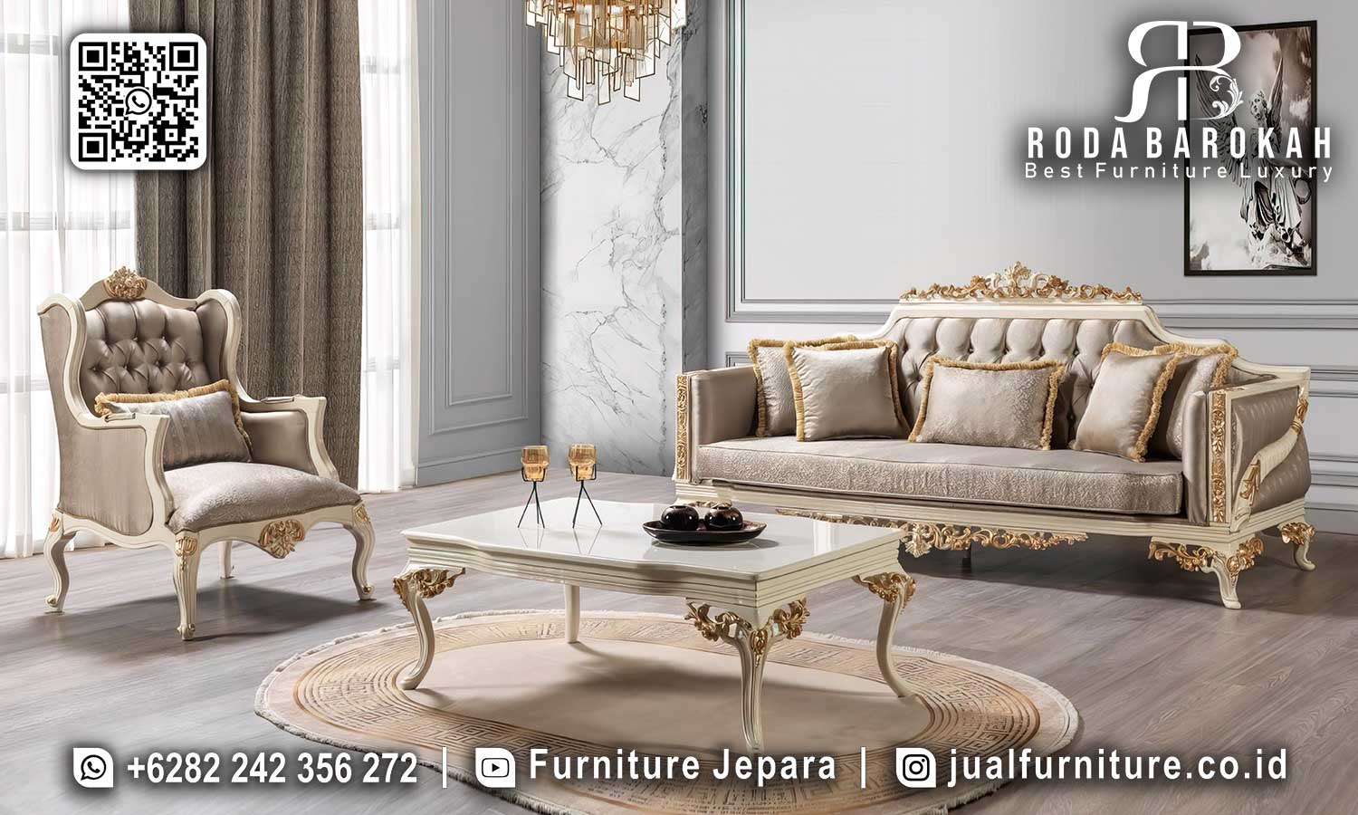 Sofa Classic Mewah Jepara dengan kayu jati dan ornamen emas, cocok untuk ruang tamu elegan Anda. Dapatkan sekarang!