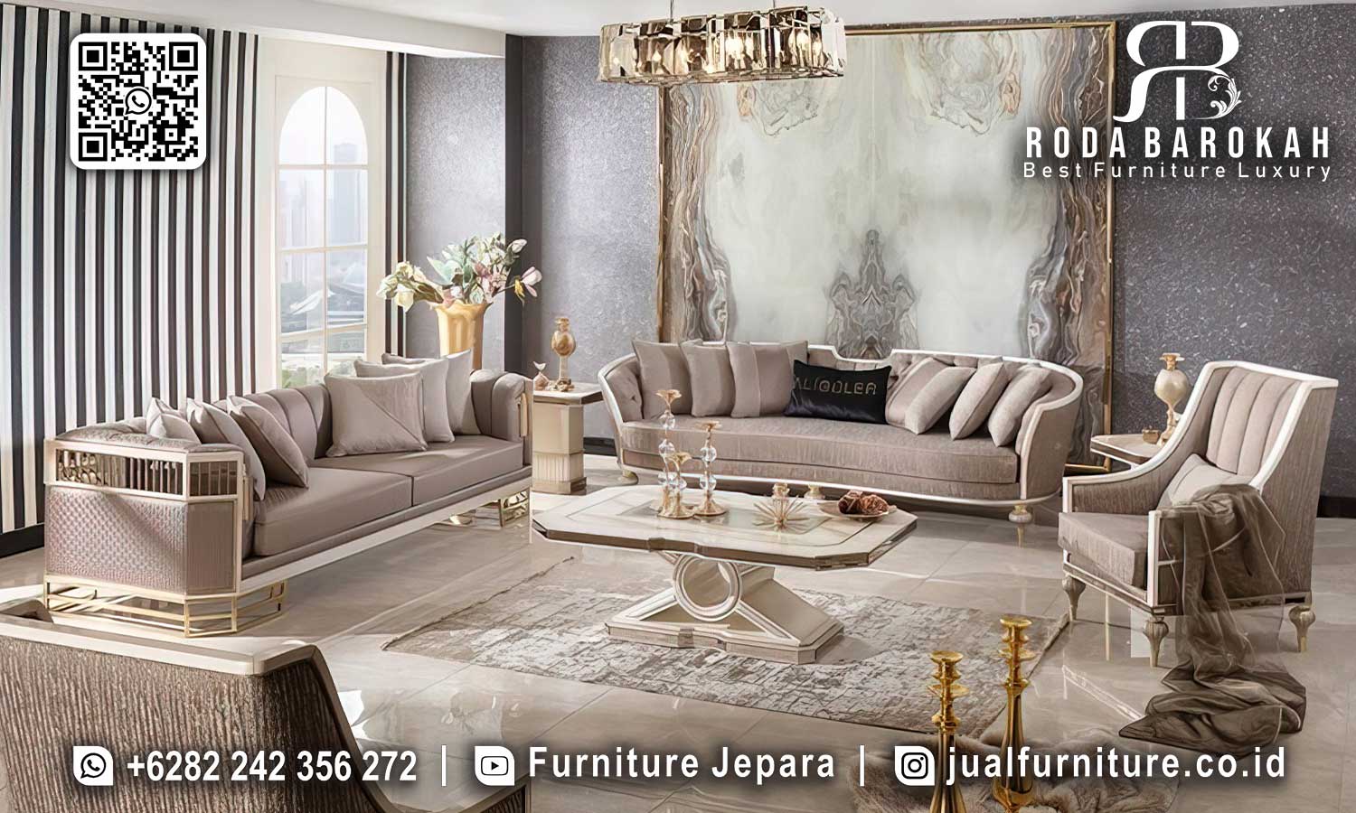 Sofa tamu modern luxury dengan rangka besi, kain pelapis berkualitas, dan desain elegan. Segera miliki untuk ruang tamu Anda!