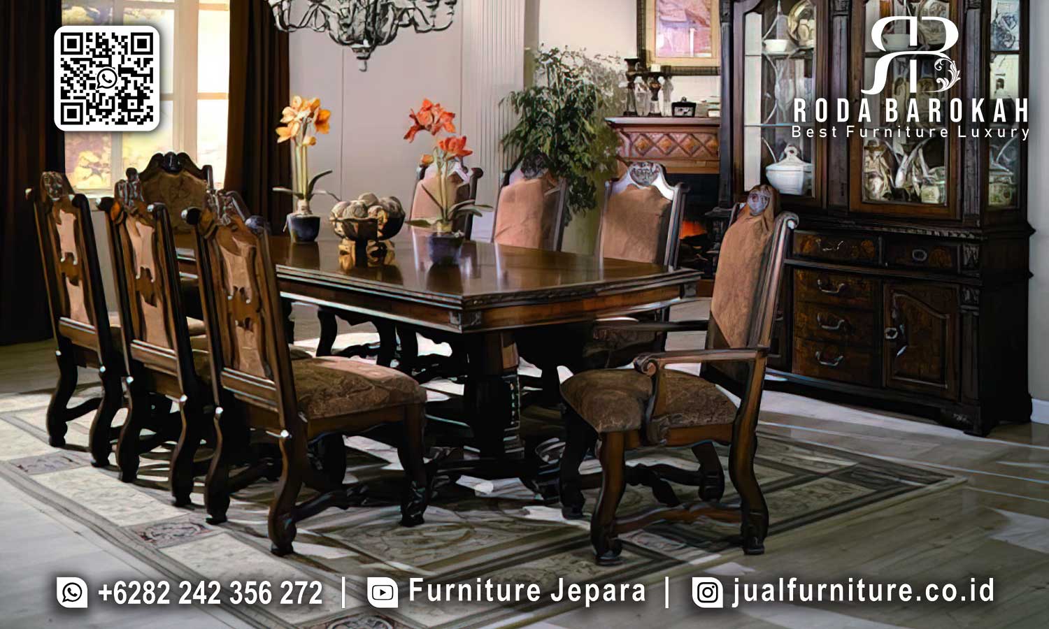 Meja Makan Jati Terbaru Mewah Sovrano Detail Ornamen SMM-697