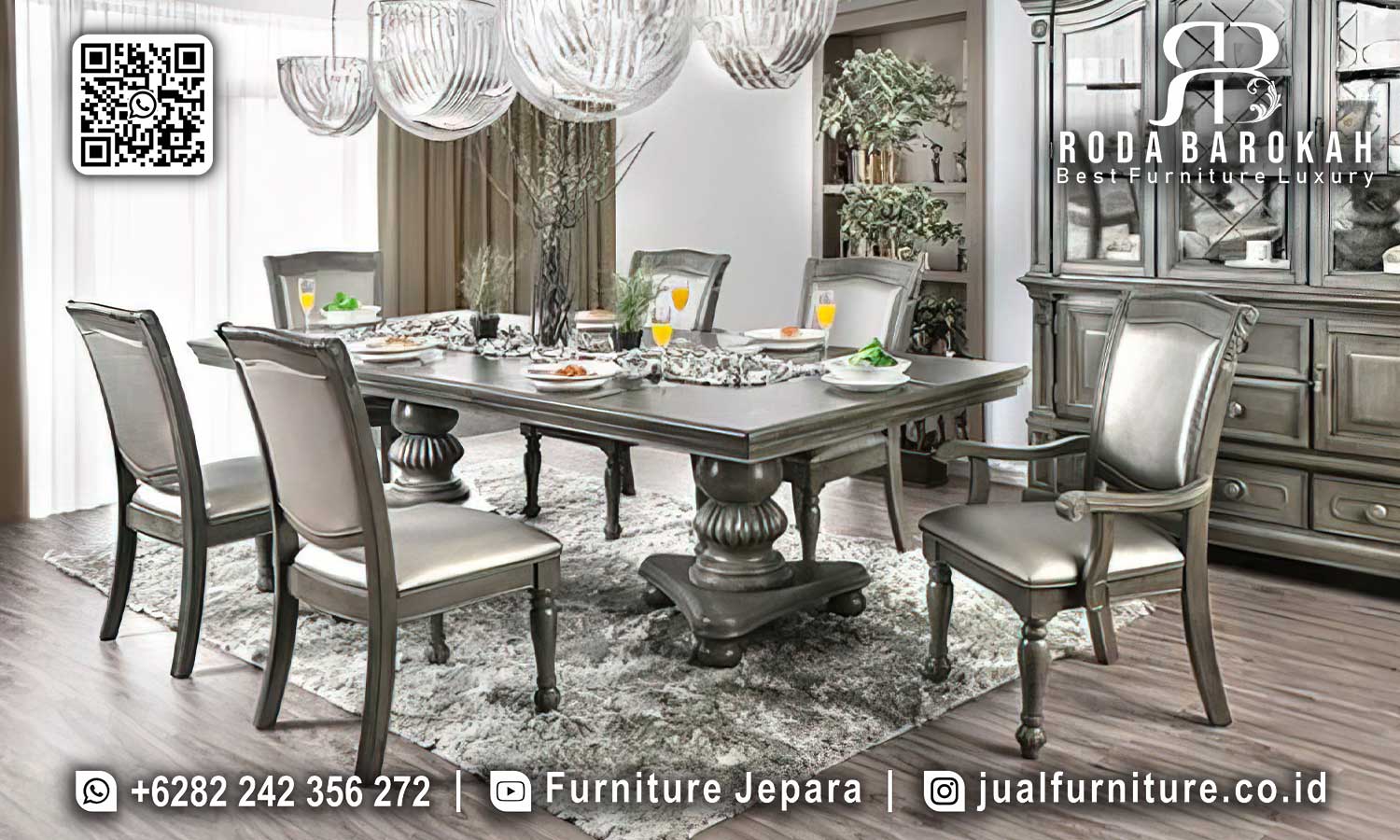 Bawa keanggunan dengan Meja Makan Klasik Mewah Brescia dari kayu jati. Ciptakan momen berharga bersama keluarga sekarang!