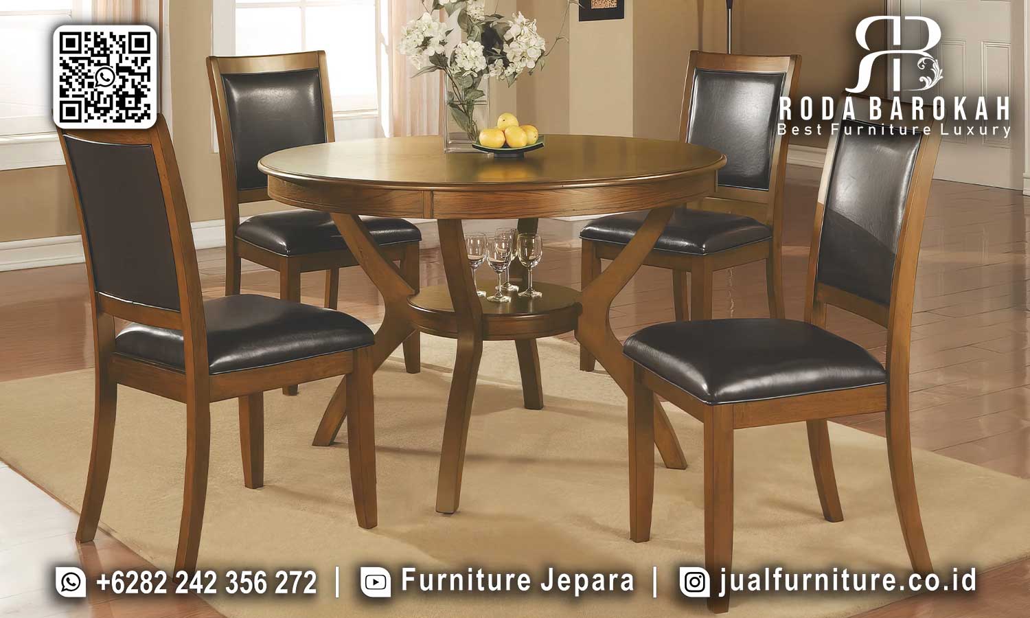 Nikmati makan bersama keluarga dengan meja makan jati grade A elegan ini. Desain bulat dan jok empuk untuk suasana istimewa!