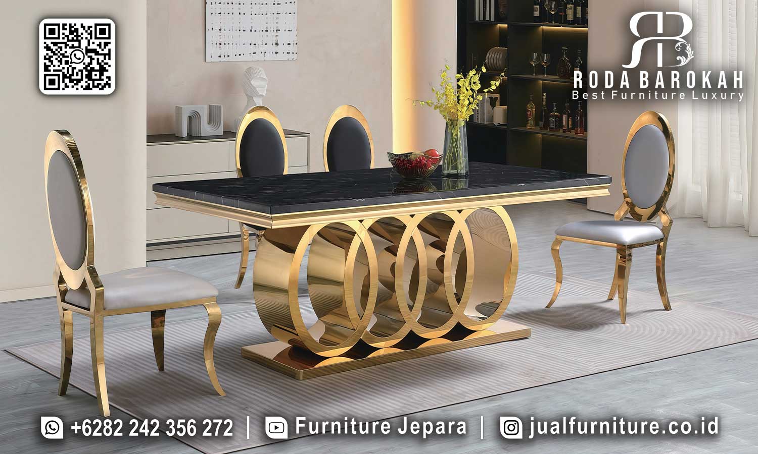 Ciptakan suasana elegan dengan Meja Makan Stainless Mewah Royale SMM-683. Pesan sekarang dan nikmati kebersamaan keluarga!