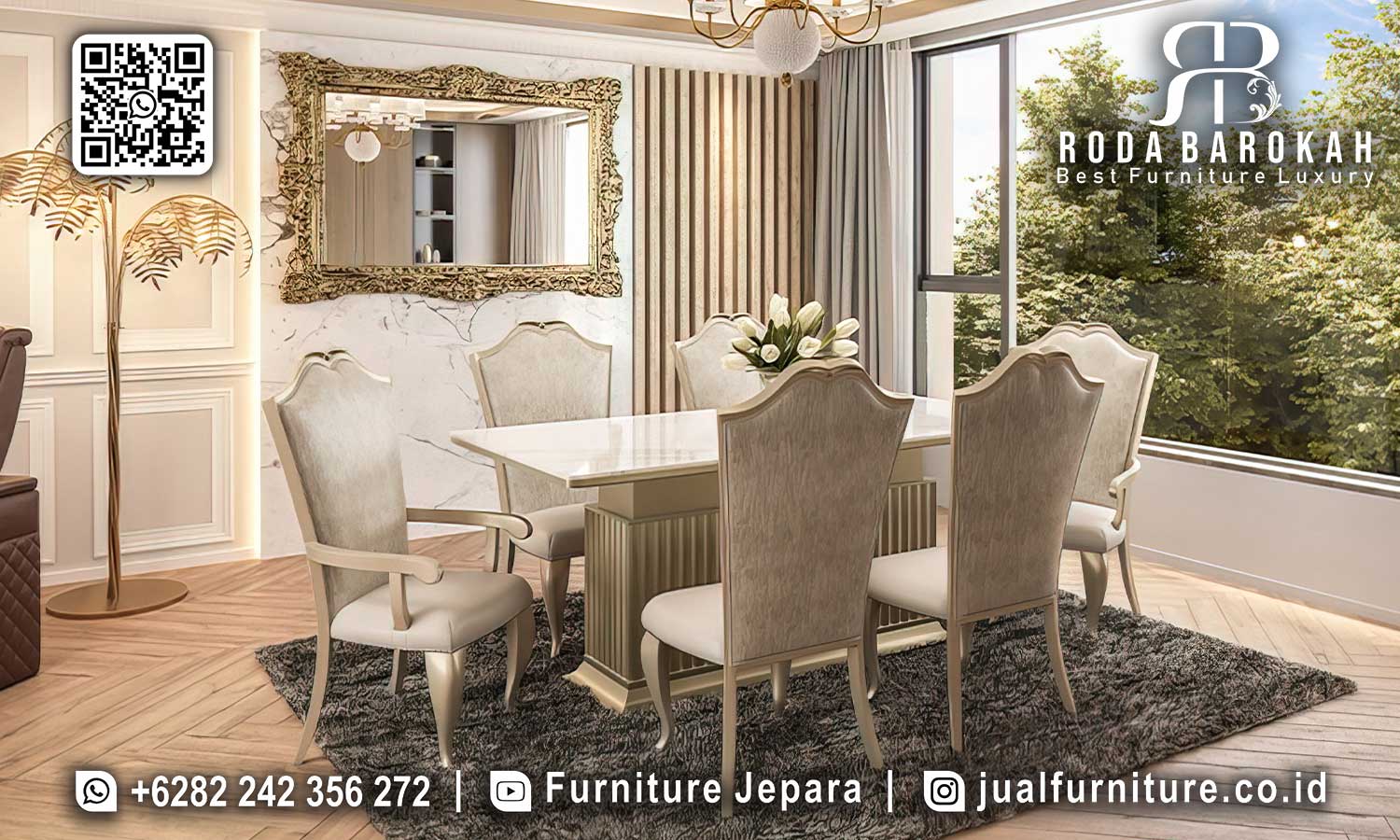 Ciptakan nuansa makan yang elegan dengan Meja Makan Klasik Santorini, desain modern dari kayu jati. Dapatkan sekarang!
