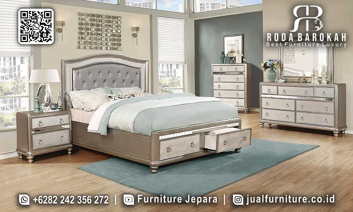 Rasakan kemewahan dengan Set Kamar Tidur Mewah Klasik Romanov. Detail elegan dan material berkualitas untuk tidur yang nyaman.