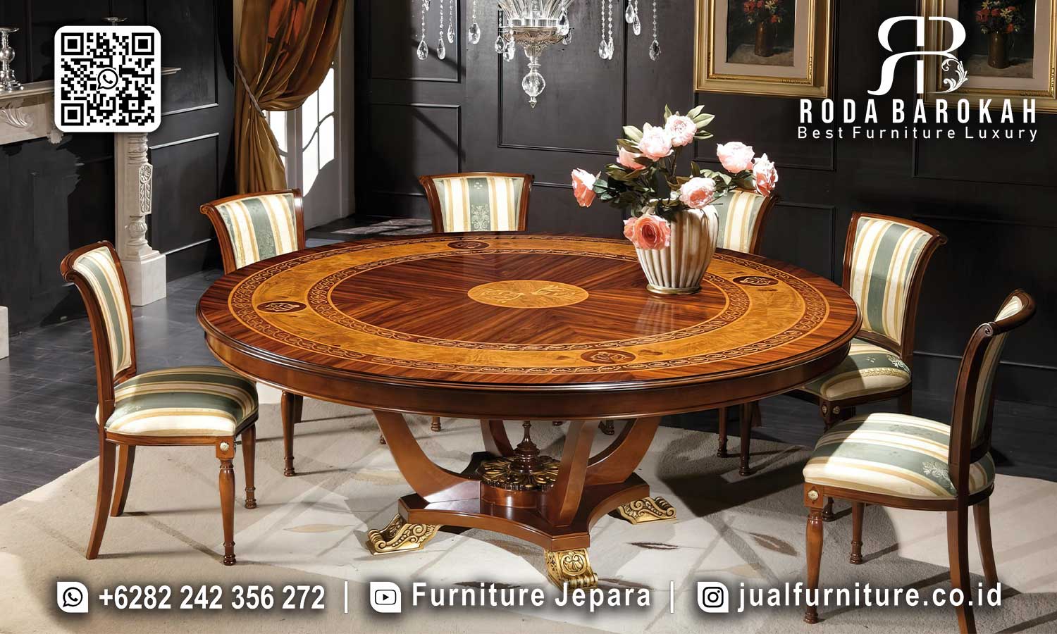 Set Meja Makan Jati Bundar Mewah Tuscany Pengrajin Jepara SMM-674