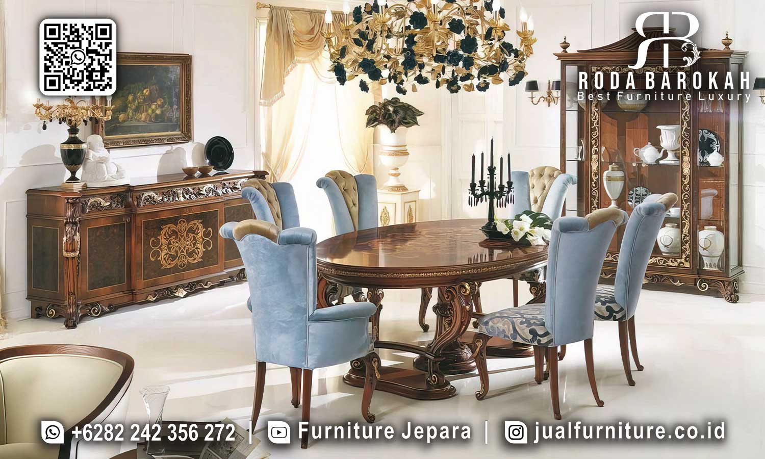 Set Meja Makan Jati Mewah Grandeur Bahan Pilihan SMM-668
