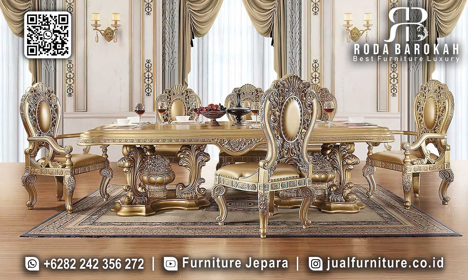 Set Meja Makan Mewah Gold Victoria Desain Berdetail SMM-706