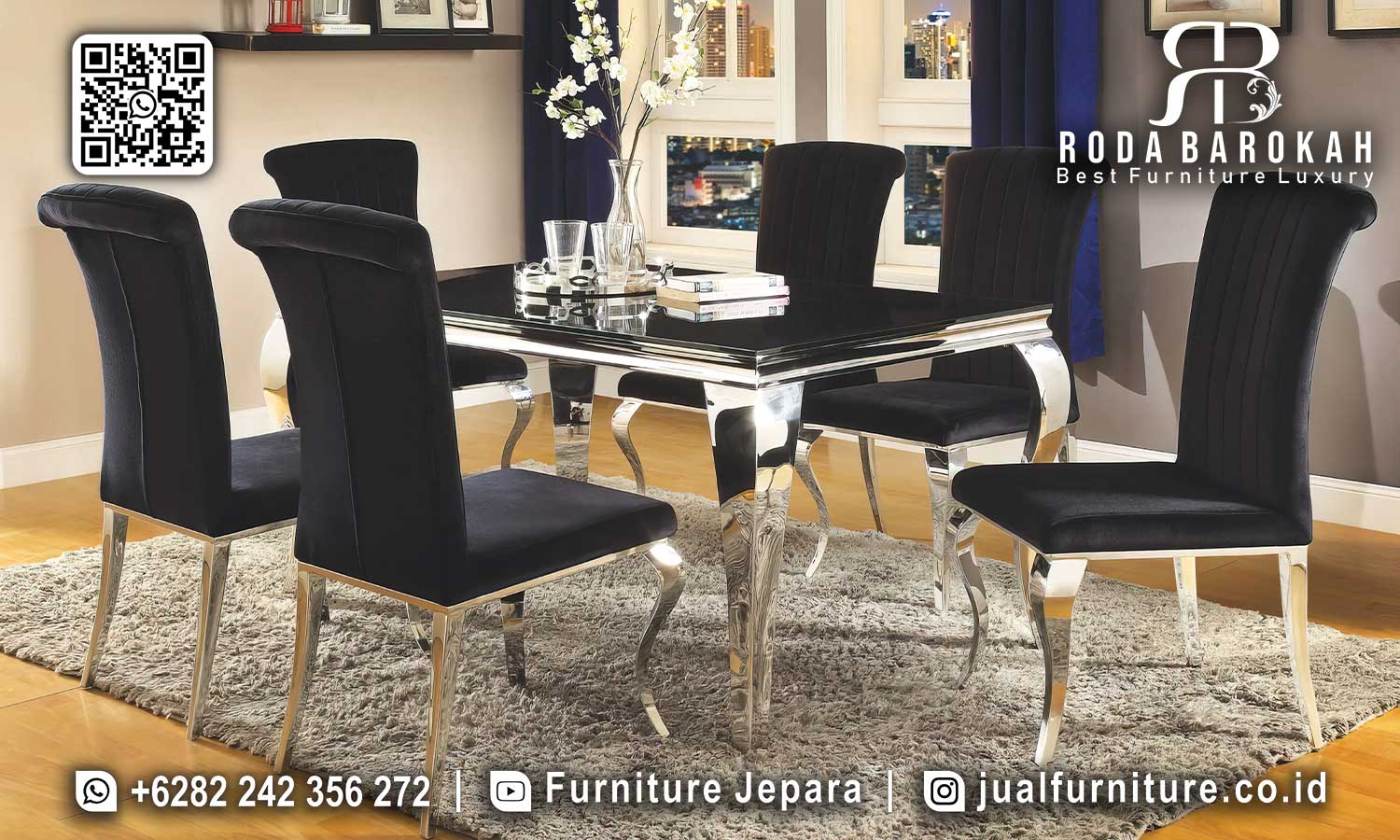 Ciptakan momen istimewa dengan Set Ruang Makan Stainless Mewah Ferrara. Elegan dan modern untuk setiap suasana.
