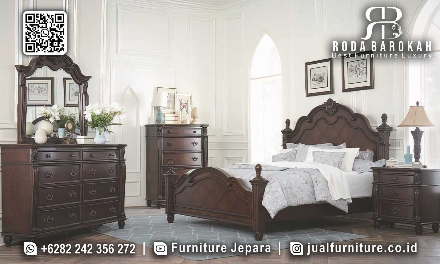 Nikmati tidur nyaman dengan Set Jati Natural, lengkap dengan meja rias dan lemari, sempurna untuk gaya klasik modern Anda.