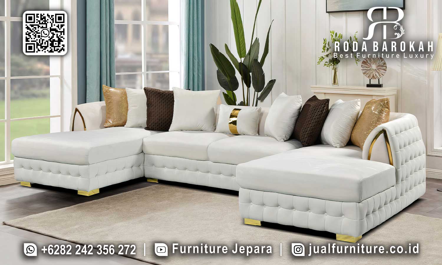 Nikmati kenyamanan relaksasi dengan Sofa Tamu Mewah Letter U dari kayu jati, sempurna untuk ruang tamu modern Anda. Order sekarang!