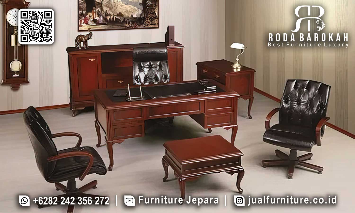 Meja Kantor Natural Jati Romanov Motif Klasik FK-014