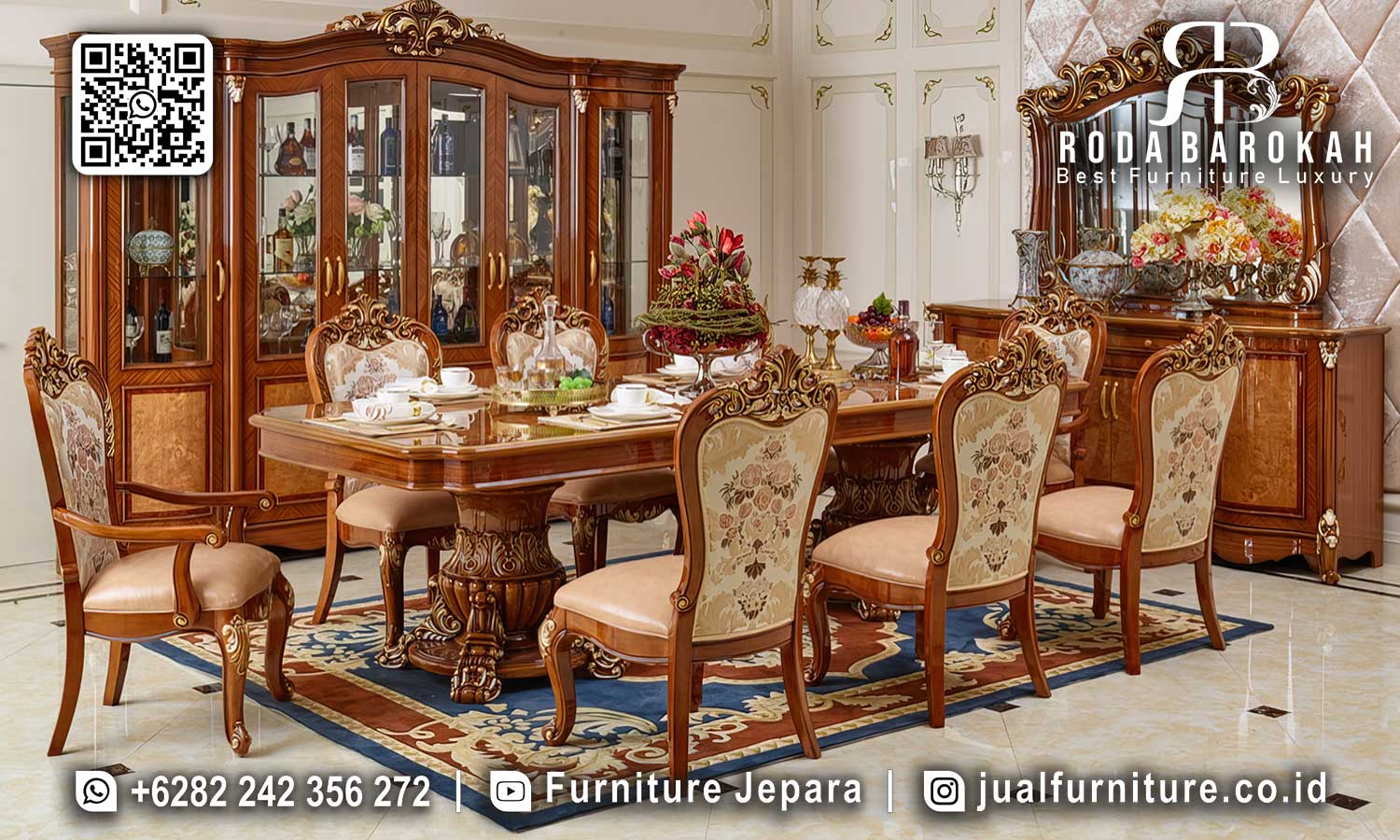 Meja Makan Jati Bourbon Pahatan Detail SMM-759