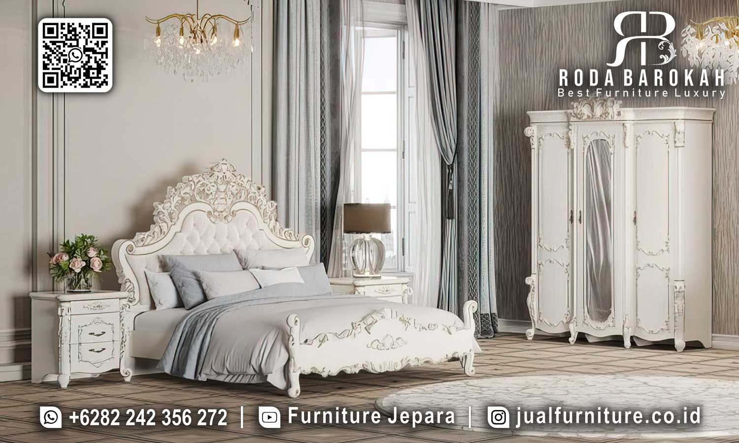 Tempat Tidur Ukir Klasik Mewah Putih Duco STT-634 1 Tempat Tidur Ukir Klasik Mewah Putih Duco STT-634