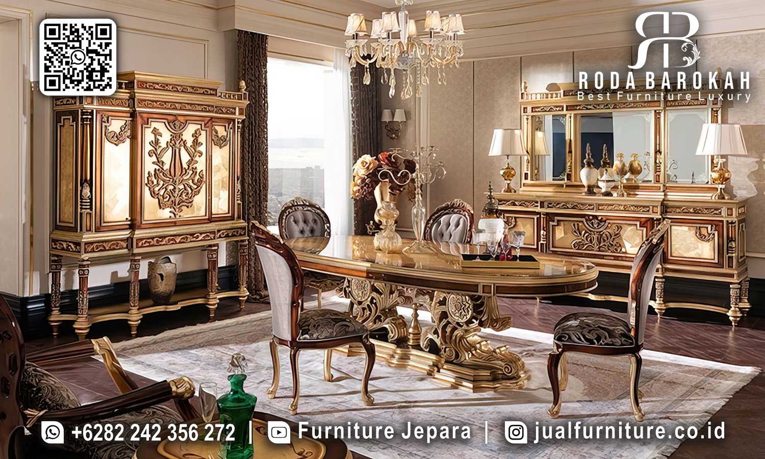 Ruang Makan Mewah Magnifico dengan desain elegan dan kayu jati, sempurna untuk menambah kemewahan di rumah Anda. Pesan sekarang!