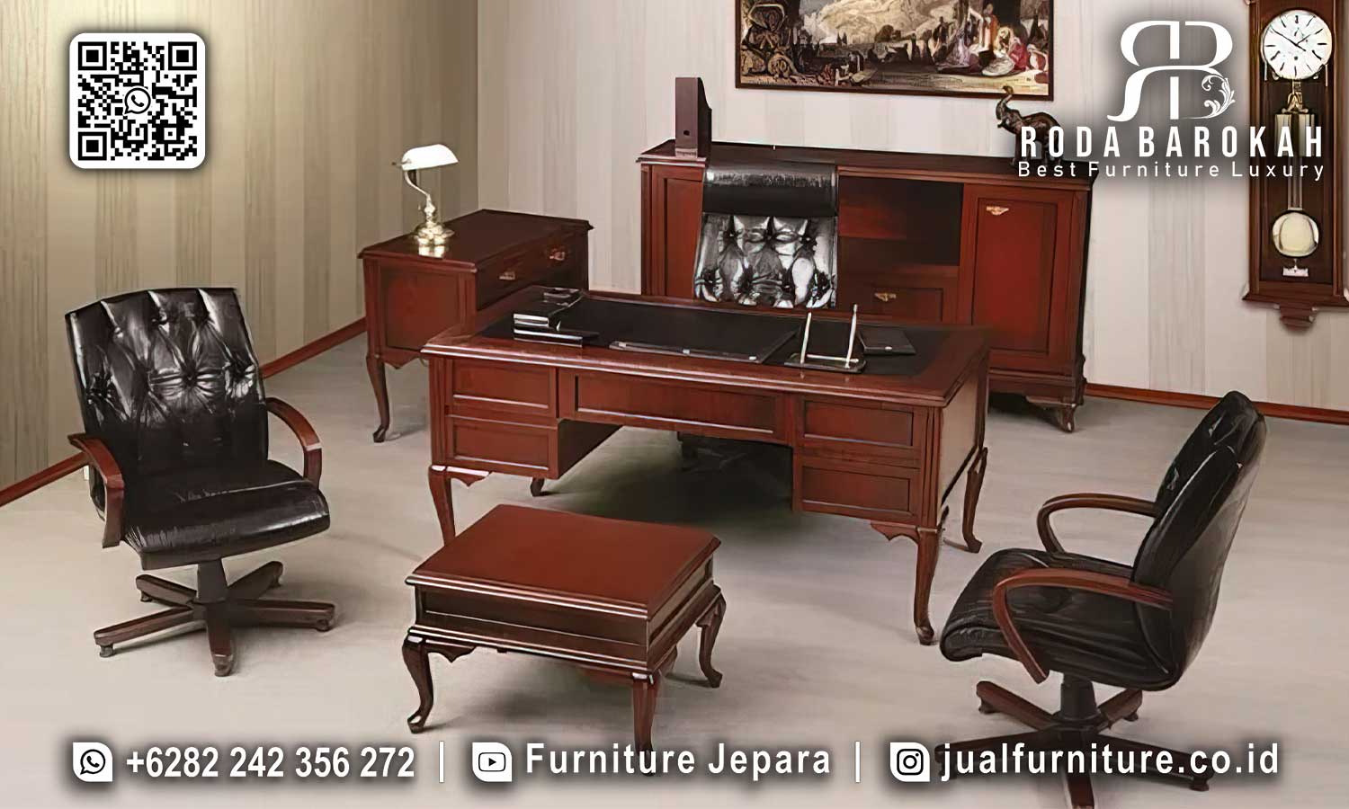 Meja Kantor Natural Jati Romanov Motif Klasik FK-014