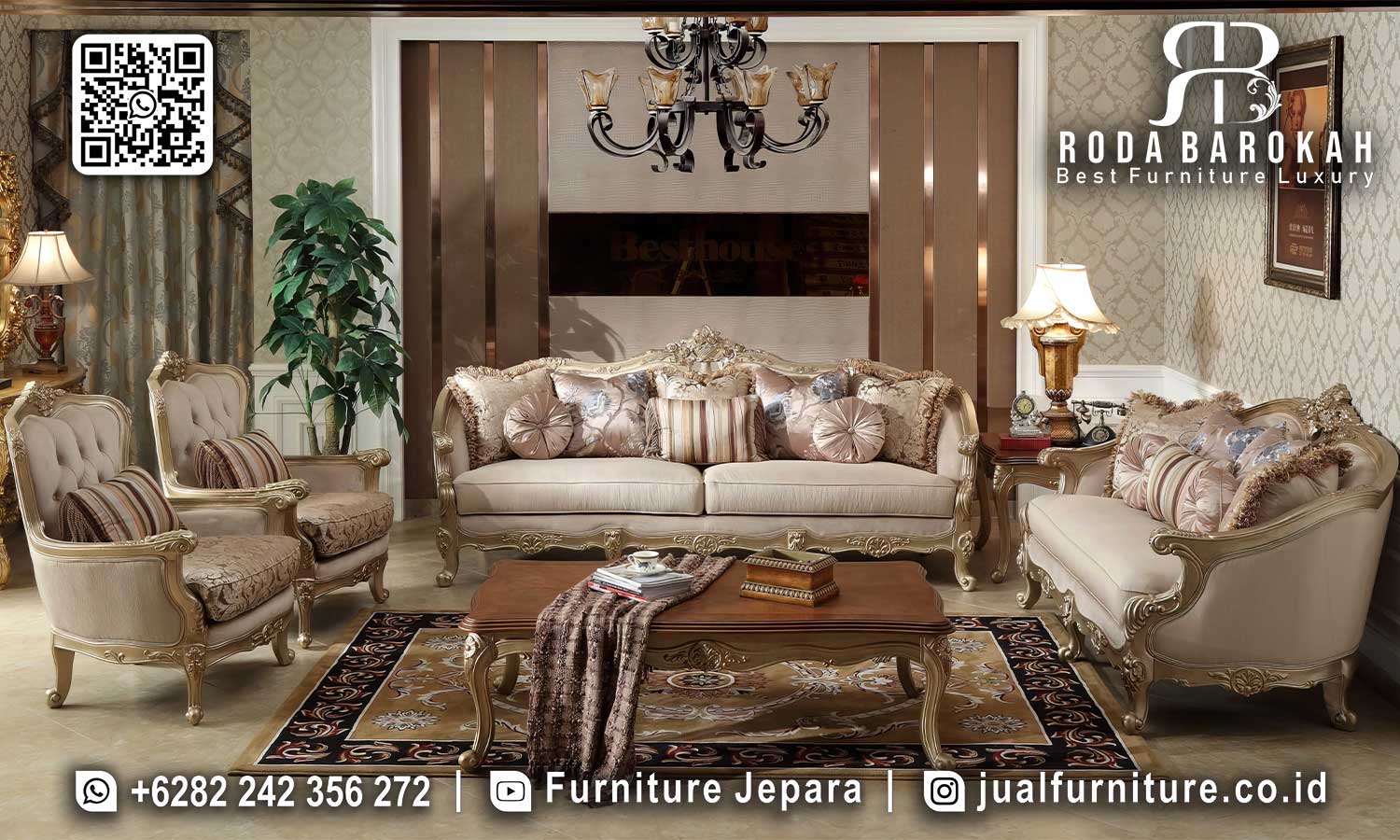 Ruang tamu elegan dengan Sofa Jepara terbaru, kayu jati, dan ukiran artistik. Pesan sekarang untuk kenyamanan maksimal!